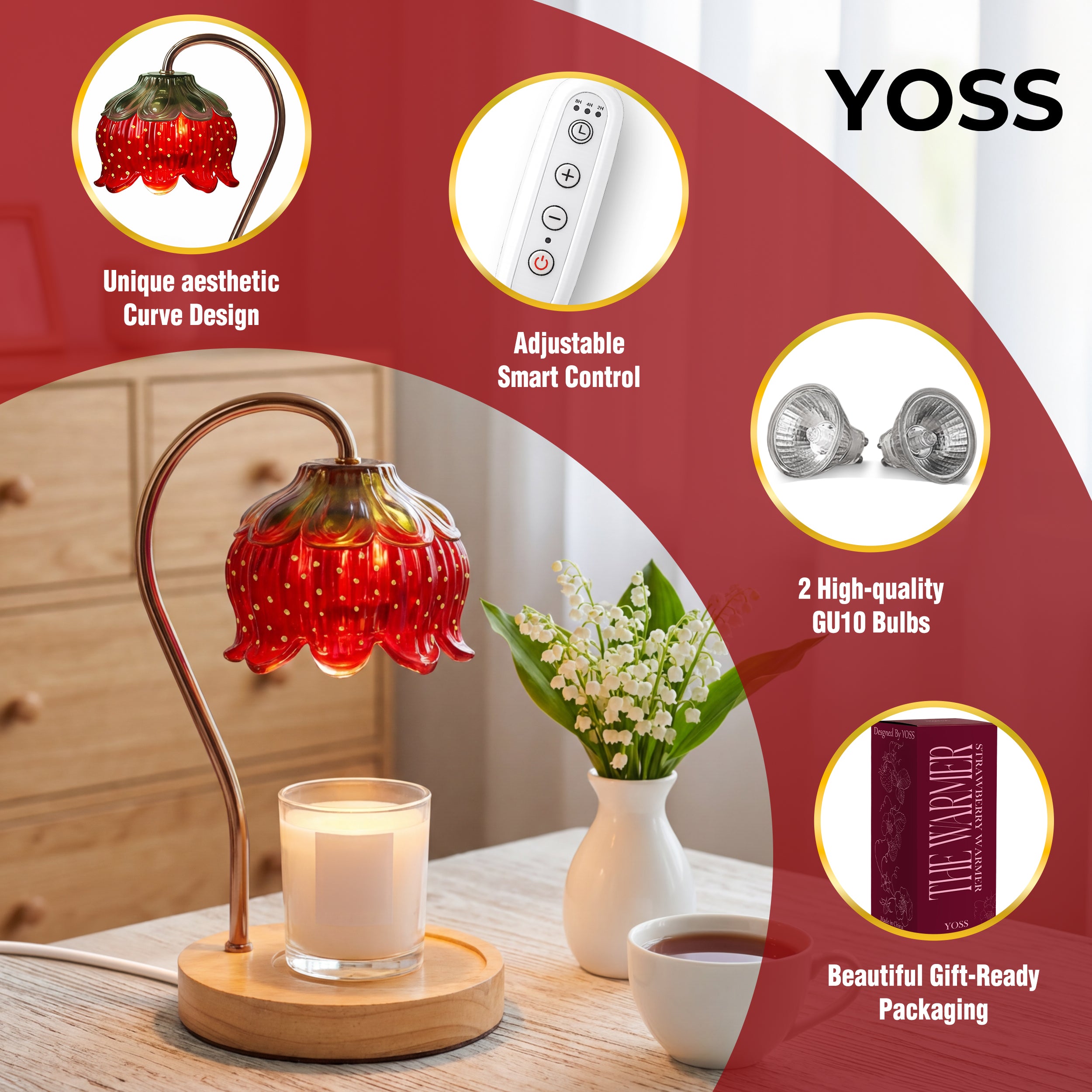 Strawberry Candle Warmer Lamp With Timer - Dimmable Warmer Lamp for All Candle Jars - Cute Strawberry Decor Gifts for Birthday Valentine Day for Women - Aesthetic Room Decor