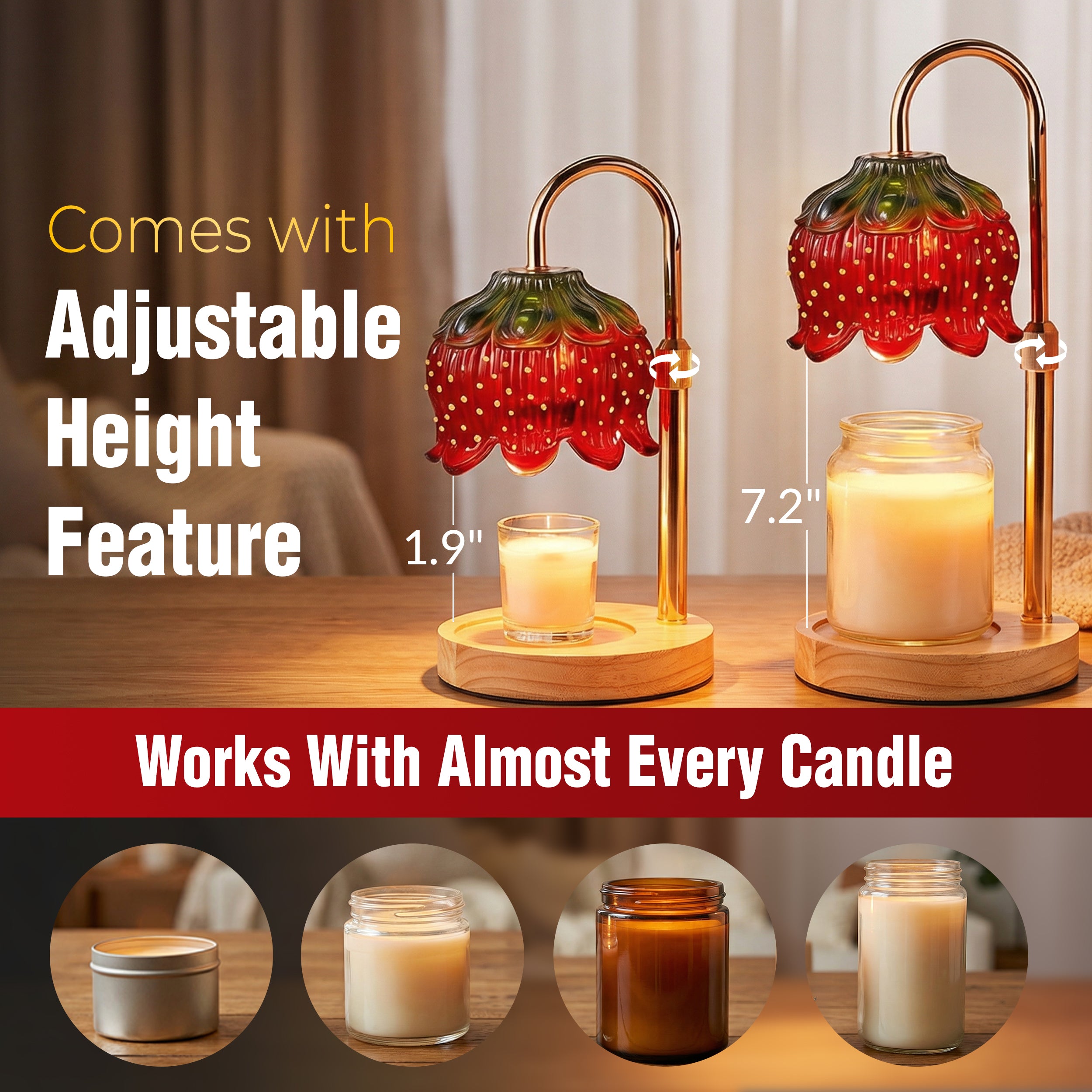 Strawberry Candle Warmer Lamp With Timer - Adjustable Height with Dimmable Warmer Lamp for All Candle Jars - Cute Strawberry Decor Gifts for Birthday Valentine Day for Women - Aesthetic Room Decor
